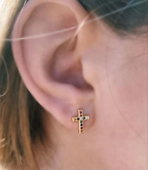 Cross Stud Earrings Gold - Image 2