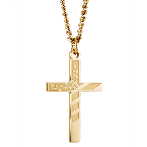 Men's Yellow Gold Plated Flag Cross Necklace - Proverbs 30:5