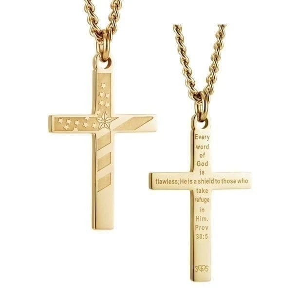 Men's Yellow Gold Plated Flag Cross Necklace - Proverbs 30:5 - Image 3