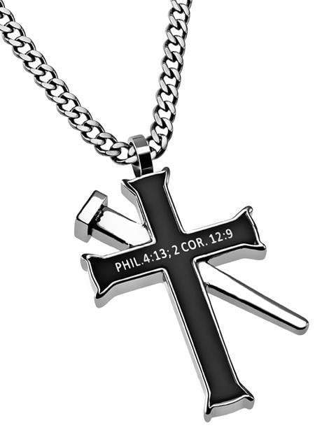 Men's Black Cross Necklace With Nail - Philippians 4:13 - Image 2