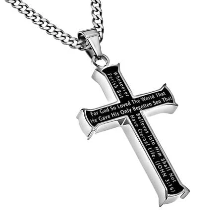 Men's Stainless Steel Black Cross Necklace - John 3:16