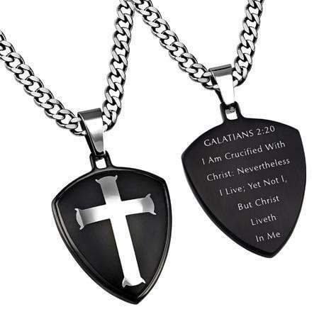 Men's Black Shield Cross Necklace Crucified - Galatians 2:20