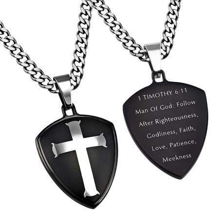 Men's Black R2 Shield Cross Necklace Man of God - 1 Timothy 6:11