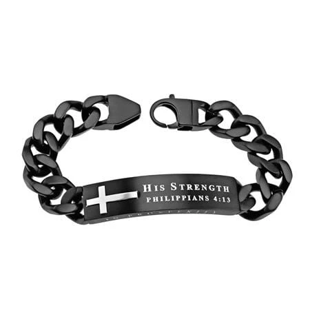 Men's Black Stainless Steel Cross Bracelet Philippians 4:13