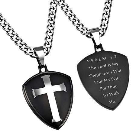 Men's Black Stainless Steel Shield Cross Necklace - Psalm 23