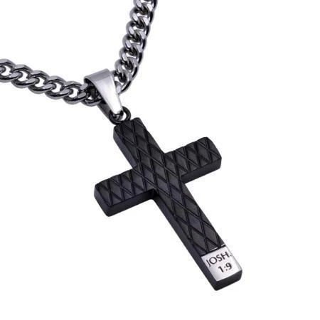 Men's Black Strong And Courageous Cross Necklace - Joshua 1:9