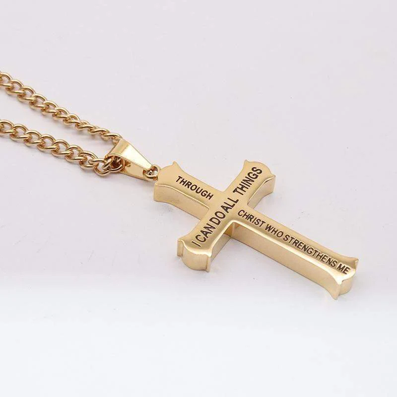 Men's Gold Stainless Steel Cross Necklace Philippians 4:13 - Image 4