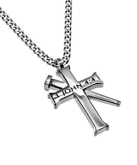 Men's Greater Is He Cross Necklace With Nail - 1 John 4:4 - Image 2