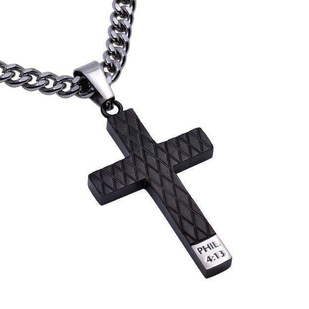 Men's Philippians 4:13 Black Diamond Back Cross Necklace