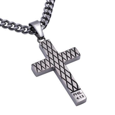 Men's Silver Diamond Back Cross Necklace - Philippians 4:13