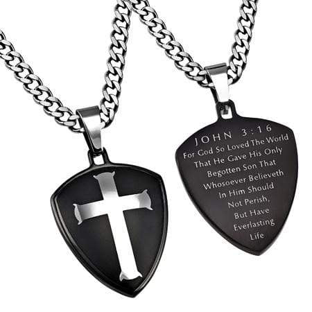 Men's Stainless Steel Black Shield Cross Necklace - John 3:16