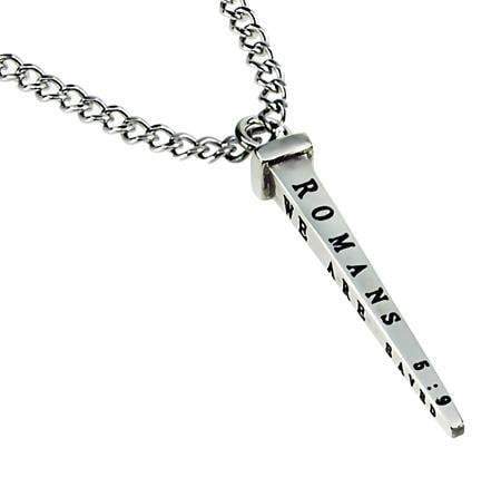 Men's Stainless Steel By His Blood Nail Necklace - Romans 5:9