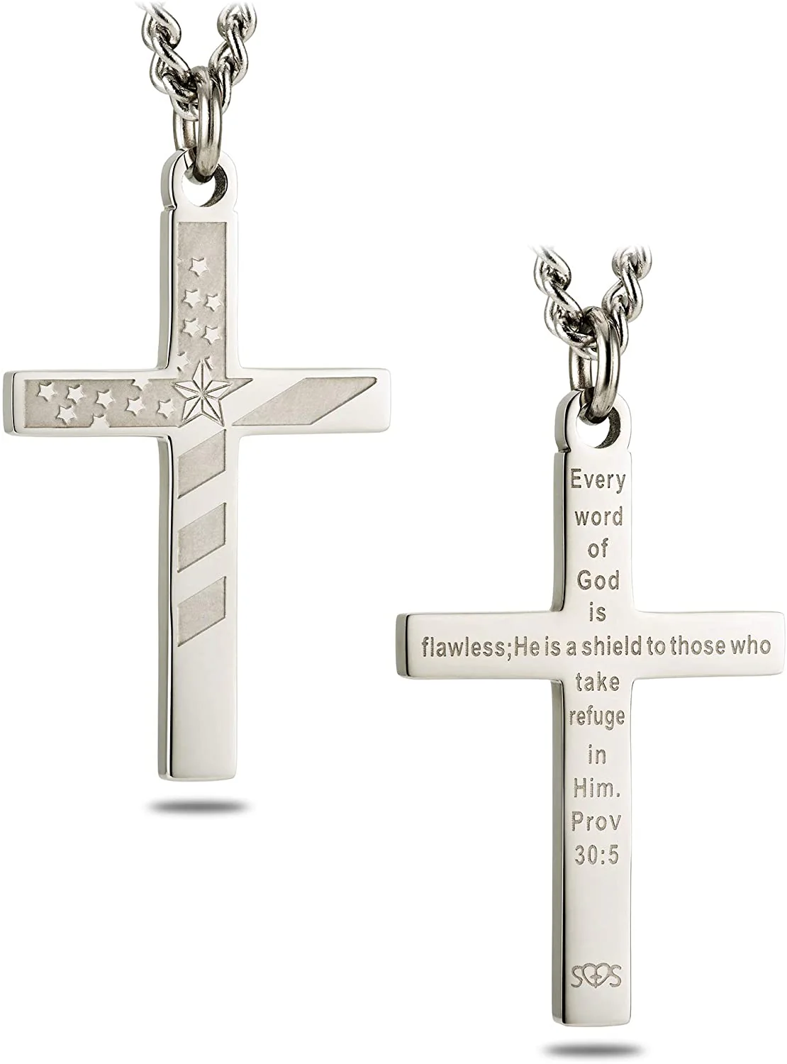 Men's Stainless Steel Flag Cross Necklace- Proverbs 30:5