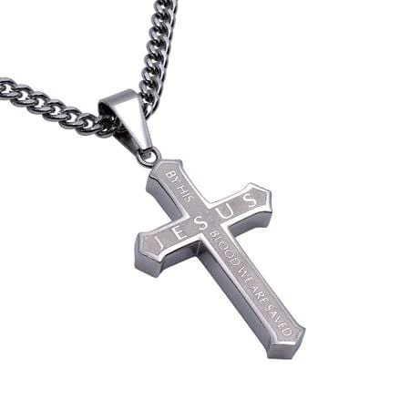Men's Stainless Steel Inlay Cross Necklace By His Blood