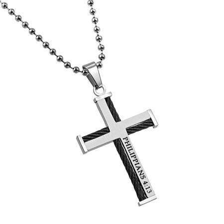 Men's Stainless Steel Philippians 4:13 Cable Cross Necklace - Image 2