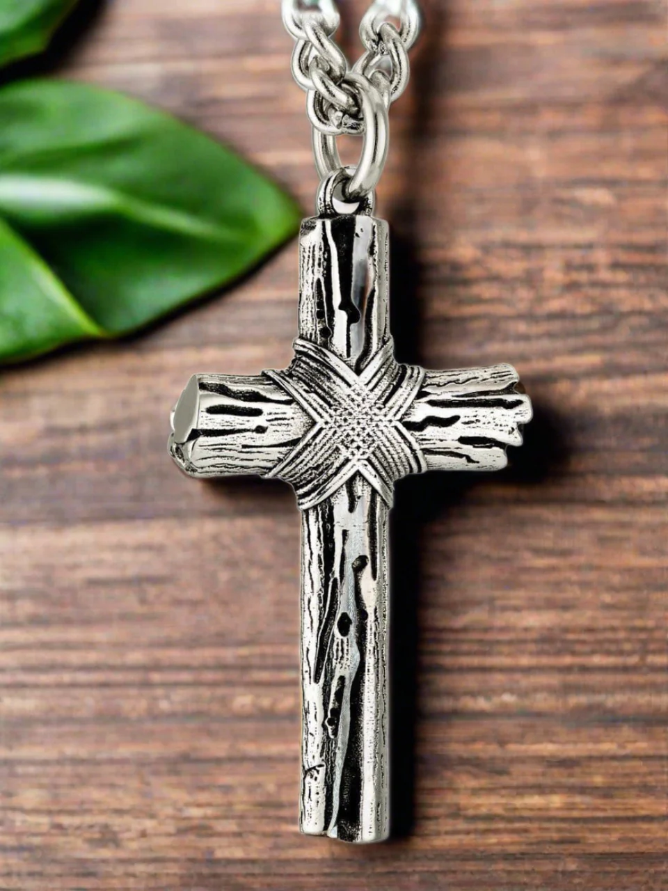 Men's Stainless Steel Woodgrain Cross Necklace