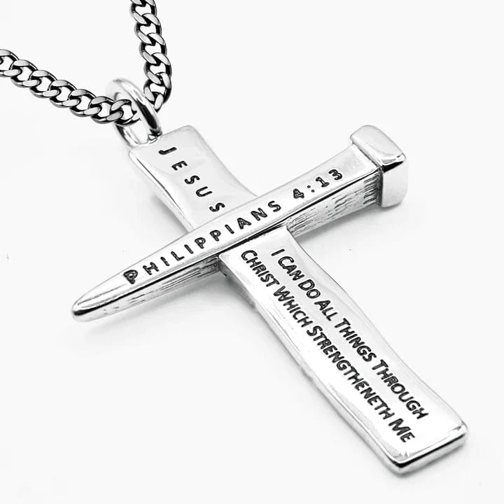 Men's Stainless Steel Woodgrain Cross Necklace - Phil 4:13 - Image 2