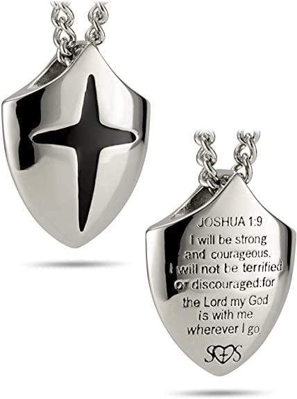 Men's Stainless Steel Shield Cross Necklace - Joshua 1:9 - Image 2