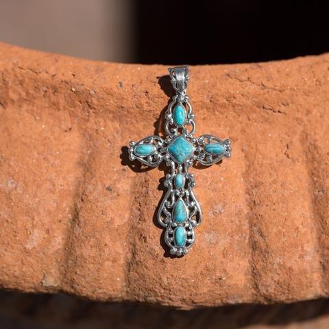 Sterling Silver Reconstituted Turquoise Cross Pendant - Image 2