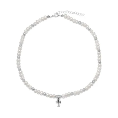 Women's Freshwater Pearl and Silver Bead Cross Necklace