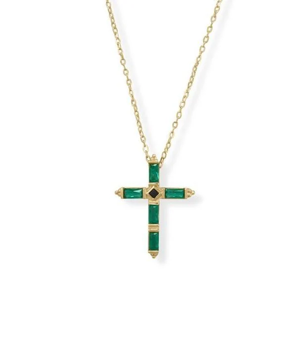 Women's Green and Black Baguettes Gold Cross Necklace
