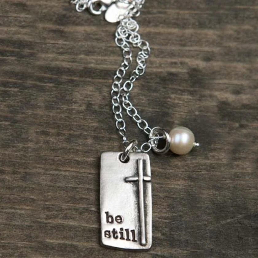 Women's Pewter Be Still And Know Necklace With Pearl Psalm 46:10