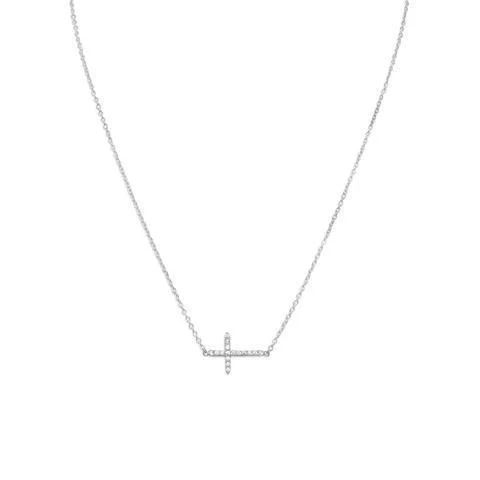 Women's Sterling Silver CZ Sideways Cross Necklace