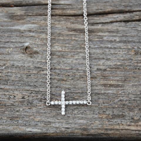 Women's Sterling Silver CZ Sideways Cross Necklace - Image 2